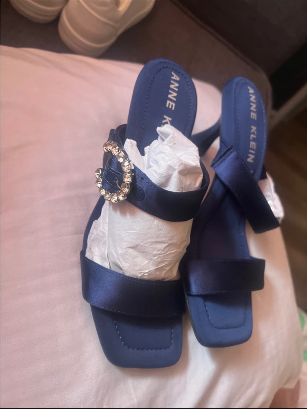 Anne Klein Navy Satin Slide Sandals with Crystal Buckle Accent